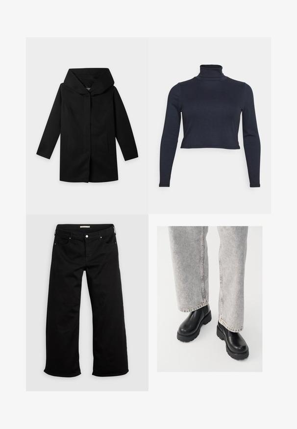 Zwarte lange jas met lange mouwen, brede, gestructureerde capuchon en recht model, plat uitgestald op een lichte achtergrond, geen zichtbare knopen of ritsen.; Marineblauw geribbelde turtleneck met lange mouwen, met een cropped ontwerp en een aansluitende pasvorm. Heeft een subtiele, gestructureerde stof.; Zwarte wijde broek met knoop- en ritssluiting, riemlussen en voor- en achterzakken op een effen lichte achtergrond.; Vagabond COSMO - Enkellaarsjes met plateauzool - black