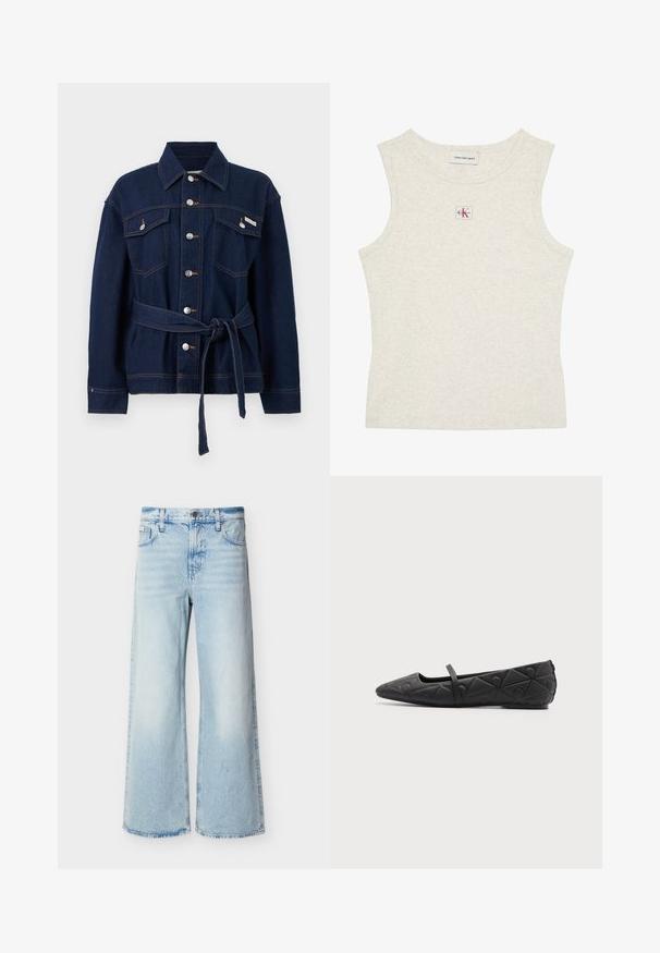 Veste en denim bleu foncé avec fermeture à boutons, deux poches poitrine et une ceinture en tissu assorti nouée à la taille.; Débardeur beige clair sans manches à côtes avec étiquette Calvin Klein Jeans à l'intérieur du col et petite écusson logo CK centré sous l'encolure.; Jean taille haute bleu clair à jambes larges avec poches avant, passants de ceinture et fermeture par bouton.; Chaussure plate noire à bout pointu avec motifs géométriques matelassés et une fine bride sur le cou-de-pied sur fond uni.