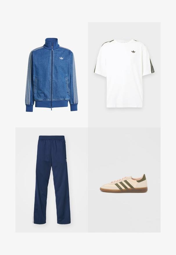 Modrá rifľová bunda Adidas s vysoko stojacim golierom, celým predným zipsom, bočnými vreckami, rebrovanými manžetami a lemom a troma bielymi pruhmi na rukávoch.; Biela bavlnená tričko s krátkymi rukávmi, s čiernymi trojpruhmi na pleciach a malým čiernym logom na hrudi.; Námornícke modré športové nohavice s elastickým pásom, s bielymi postrannými pruhmi a logom na ľavom stehne.; Nízky béžový tenisky Adidas Spezial so zelenými pruhmi, gumovou podrážkou a nápisom „SPEZIAL“ na boku, zobrazené z vonkajšej strany.