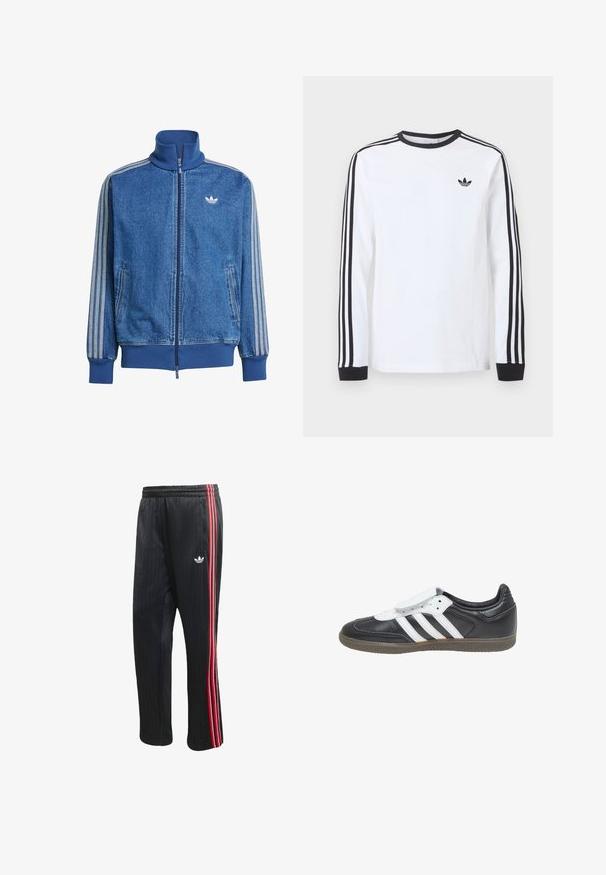 Modrá rifľová bunda Adidas s vysoko stojacim golierom, celým predným zipsom, bočnými vreckami, rebrovanými manžetami a lemom a troma bielymi pruhmi na rukávoch.; Biele tričko Adidas s dlhým rukávom, čiernym okrúhlym výstrihom, čiernymi manžetami, tromi čiernymi pruhmi na rukávoch a čiernym logom trefoil na hrudi.; Čierne športové nohavice s vertikálnou rebrovanou textúrou, s červenými a bielymi bočnými pruhmi a malým bielym logom na ľavej nohe.; adidas Originals SAMBA LT - Tenisky - core black footwear white gum