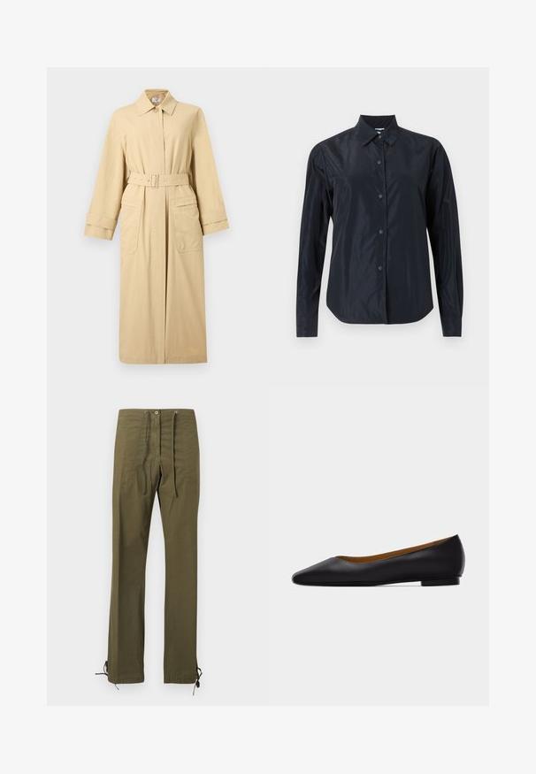 Long manteau beige trench avec ceinture, col boutonné, larges poignets et deux grandes poches avant avec rabats.; Chemise noire à manches longues avec boutons, col, tissu mat et poignets ajustés, présentée sur un fond clair neutre.; Pantalon en coton vert olive à coupe décontractée, avec plis à l'avant, taille à cordon de serrage et liens ajustables aux ourlets pour personnalisation.; Chaussure plate en cuir noir à bout pointu avec talon bas et finition lisse, vue de côté sur un fond gris clair.