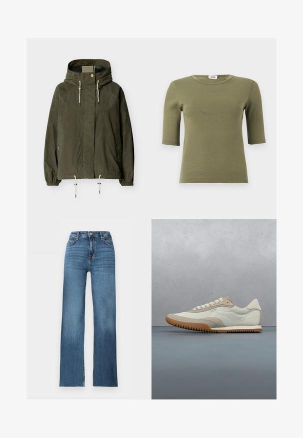 Veste à capuche verte avec fermeture éclair frontale, cordons réglables à la capuche et à l'ourlet, poignets élastiques et poches à boutons-pression.; Haut vert olive côtelé à manches courtes avec col rond et manches mi-longues de la marque Drykorn, présenté sur un fond blanc.; Jean bleu taille haute à jambes droites avec bouton et fermeture éclair à l'avant, passants de ceinture et cinq poches sur fond blanc.; Sneakers blancs et beiges avec une tige lisse et des accents en daim, une semelle texturée et des coutures ton sur ton. Fermeture à lacets avec détail de logo.