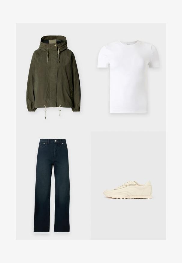 Veste à capuche verte avec fermeture éclair frontale, cordons réglables à la capuche et à l'ourlet, poignets élastiques et poches à boutons-pression.; T-shirt blanc uni à manches courtes et col rond présenté sur un fond gris clair.; Jean denim bleu foncé taille haute, jambe droite, avec bouton devant et poches, présenté sur fond blanc uni.; Baskets basses de couleur crème avec des coutures ondulées, une fermeture à lacets et une semelle crantée, vues de côté sur un fond uni.