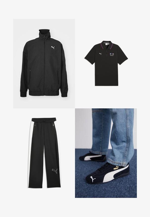 Schwarze Zip-Jacke mit hohem Kragen, elastischen Bündchen, Seitentaschen und weißem Puma-Logo auf der linken Brust; glatte Stoffoberfläche.; Schwarzes Polohemd mit kurzen Ärmeln, rotem und blauem Abschluss am Kragen, Frontreißverschluss, Puma-Logo auf der linken Brust und BMW M Motorsport-Logo auf der rechten Brust.; Schwarze Sporthose mit weißen Seitenstreifen, zwei vorderen Reißverschlusstaschen, elastischem Bund und einem Puma-Logo am unteren linken Bein.; Schwarze Wildledersneaker mit weißen Akzenten und einem goldenen Logo. Getragen mit hellblauen Jeans und auf einer strukturierten blauen Oberfläche platziert.