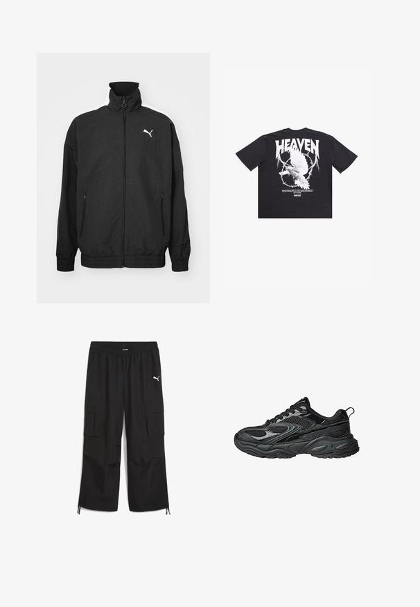 Schwarze Zip-Jacke mit hohem Kragen, elastischen Bündchen, Seitentaschen und weißem Puma-Logo auf der linken Brust; glatte Stoffoberfläche.; Schwarzes Baumwoll-T-Shirt mit einem grafischen Druck einer weißen Taube, dem Text "HEAVEN" und Zitaten auf der Rückseite. Kurze Ärmel, lässige Passform.; Schwarze Cargo-Hosen mit einem elastischen Bund, zwei seitlichen Taschen und einem weißen PUMA-Logo am oberen linken Bein. Verstellbare Bündchen am Saum.; Schwarze sportliche Sneaker aus Mesh und synthetischen Materialien, runde Zehenpartie, dicke geschwungene Sohle und strukturierte Akzente. Verfügt über Schnürsenkel und eine Fersenlasche.