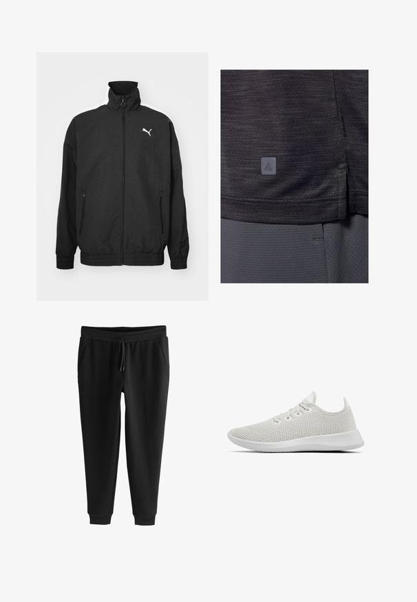 Schwarze Zip-Jacke mit hohem Kragen, elastischen Bündchen, Seitentaschen und weißem Puma-Logo auf der linken Brust; glatte Stoffoberfläche.; Dunkelgraues Sportshirt aus strukturiertem Stoff. Mit einem seitlichen Schlitz am Saum und einem kleinen Logo-Tag in der unteren linken Ecke.; Schwarze, zulaufende Jogginghosen mit elastischem Bund, Kordelzug, Seitentaschen und Bündchen an den Knöcheln, flach auf weißem Hintergrund ausgelegt.; Allbirds TREE RUNNERS - Sneaker low - kaikoura white /white sole