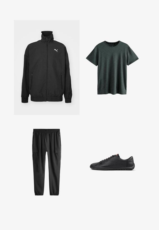 Schwarze Zip-Jacke mit hohem Kragen, elastischen Bündchen, Seitentaschen und weißem Puma-Logo auf der linken Brust; glatte Stoffoberfläche.; Dunkelgraues T-Shirt aus weichem, strukturiertem Stoff. Verfügt über einen klassischen Rundhalsausschnitt und kurze Ärmel mit einem dezenten Muster. Keine sichtbaren Logos.; Schwarze Cargo-Hose mit elastischem Bund und Bündchen, vorne mit Reißverschlusstaschen und Klappentaschen an den Oberschenkeln.; Schwarz flacher Ledersneaker mit Schnürung vorne, strukturierter Sohle und kleinem rotem Logoanhänger auf der Zunge, Seitenansicht.