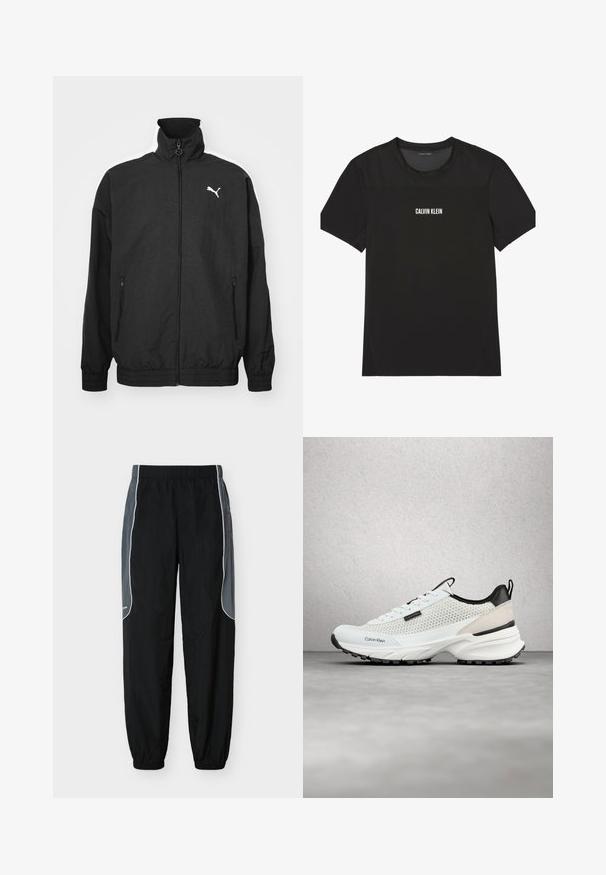 Schwarze Zip-Jacke mit hohem Kragen, elastischen Bündchen, Seitentaschen und weißem Puma-Logo auf der linken Brust; glatte Stoffoberfläche.; Schwarzes, kurzärmeliges Sport-T-Shirt mit Mesh-Einsatz im oberen Brust- und Schulterbereich, vorn zentriert mit dem "Calvin Klein"-Logo versehen.; Schwarze Jogginghosen mit dunkelgrauen Seitenpaneelen und weißer Paspelierung, elastischem Bund und Bündchen, vor weißem Hintergrund gezeigt.; Weiße und schwarze Calvin Klein Sneaker mit Netzseiten und klobiger Sohle, die über einem grauen Boden in der Nähe einer Glasbausteinwand schweben.