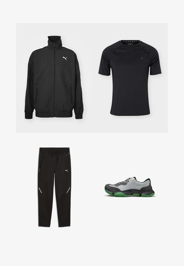 Schwarze Zip-Jacke mit hohem Kragen, elastischen Bündchen, Seitentaschen und weißem Puma-Logo auf der linken Brust; glatte Stoffoberfläche.; Schwarzes kurzärmeliges Sport-T-Shirt mit Rundhalsausschnitt und kleinem Logo auf der linken Brust, dargestellt auf einfachem hellem Hintergrund.; Schwarze Sporthose aus leichtem Material. Verfügt über einen elastischen Bund, Kordelzug, Reißverschlusstaschen und reflektierende Akzente.; Low-Top-Sneaker mit grauem Obermaterial, schwarzen und dunkelgrauen Einsätzen, schwarzen Schnürsenkeln und dicker schwarzer und grüner Sohle.