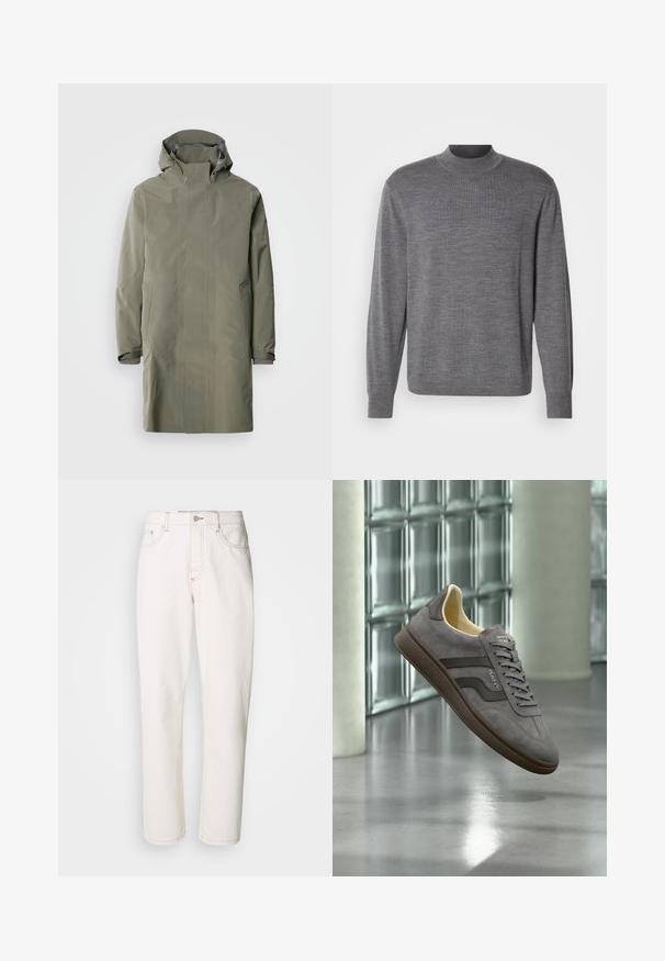 Waterdichte olijfgroene regenjas met een capuchon, drukknoopsluiting, twee voorkruiven en verstelbare manchetten. Gladde, matte afwerking, eenvoudig design.; Grijze lange mouw sweater gemaakt van gebreid materiaal, met een opstaande kraag en een subtiele logo op de borst. Gladde textuur en aansluitend ontwerp.; Witte denim jeans met een rechte pasvorm, voorzien van gestikte naden, een metalen knoopsluiting en een standaard vijf-pocket constructie.; Grijze suède sneaker met bruine zool en strepen, beige binnenkant, zwevend in een moderne binnenruimte met een glazen blokkenmuur op de achtergrond.