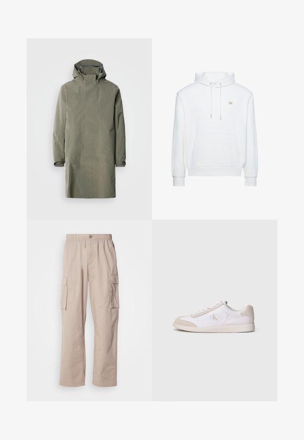 Waterdichte olijfgroene regenjas met een capuchon, drukknoopsluiting, twee voorkruiven en verstelbare manchetten. Gladde, matte afwerking, eenvoudig design.; Witte hoodie met voorzak en trekkoorden, met een klein Calvin Klein-logo op de borst.; Beige cargo broek met een relaxed fit, elastische tailleband, knoopsluiting en zijzakken. Gemaakt van lichte stof met een soepele textuur.; Witte en beige lage sneaker met vetersluiting, suède accenten en "cK"-logo op de zijkant, zijaanzicht tegen een effen achtergrond weergegeven.