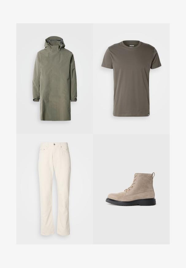 Waterdichte olijfgroene regenjas met een capuchon, drukknoopsluiting, twee voorkruiven en verstelbare manchetten. Gladde, matte afwerking, eenvoudig design.; Mads Nørgaard THOR TEE - T-shirt basic - beluga; Beige katoenen jeans met een klassiek recht model, met een knoopsluiting aan de voorkant, vijf zakken en subtiele stikdetails.; Beige suède enkellaarsjes met zwarte rubberen zool, vetersluiting en een klein logo dat aan de zijkant is gedrukt, voorzien van een trekloop aan de achterkant.