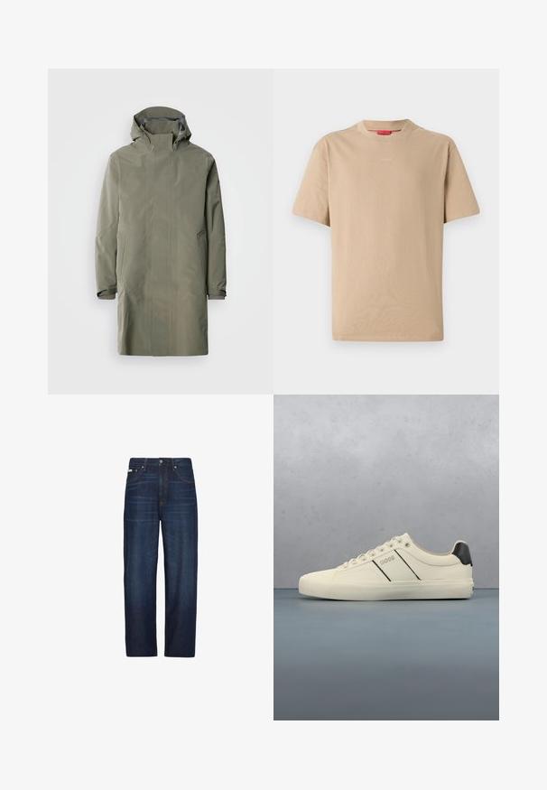 Waterdichte olijfgroene regenjas met een capuchon, drukknoopsluiting, twee voorkruiven en verstelbare manchetten. Gladde, matte afwerking, eenvoudig design.; Beige katoenen T-shirt met korte mouwen, ronde hals en subtiele "HUGO"-logo in het midden. Glad textuur, ontspannen pasvorm.; Donkerblauwe jeans met rechte pijpen, voorzakken, riemlussen, knoopsluiting en subtiel vervagen op de dijen.; Crème-kleurige sneakers met een gladde textuur, voorzien van zwarte accenten en branding. Tijdloos vetersysteem met een ronde neus en rubberen zool.