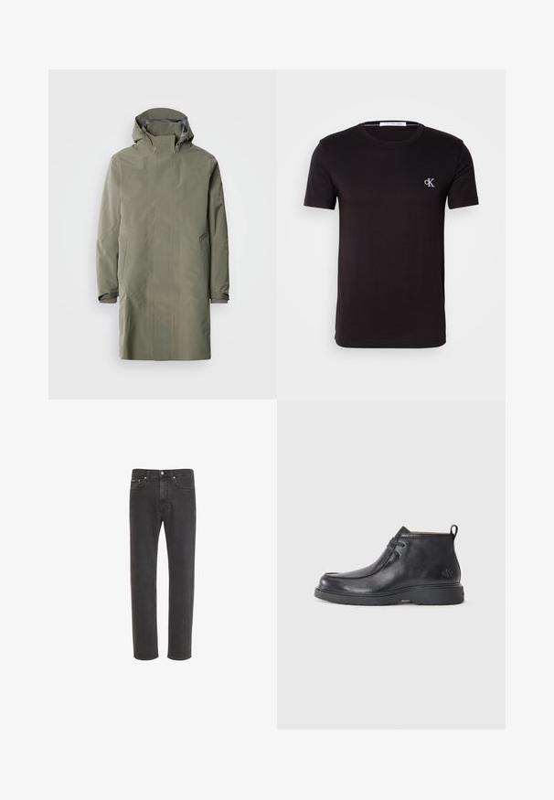 Waterdichte olijfgroene regenjas met een capuchon, drukknoopsluiting, twee voorkruiven en verstelbare manchetten. Gladde, matte afwerking, eenvoudig design.; Zwart T-shirt met korte mouwen en ronde hals, met klein wit "cK" logo op de linkerborst en Calvin Klein Jeans label aan de binnenkant van de kraag.; Zwarte rechte denim jeans met knoop- en ritssluiting aan de voorkant, voor- en achterzakken, weergegeven op een witte achtergrond.; Zwarte leren enkellaarsjes met een ronde neus, vetersluiting en een lipje aan de achterkant. Geribbelde bovenkant en rubberen zool.
