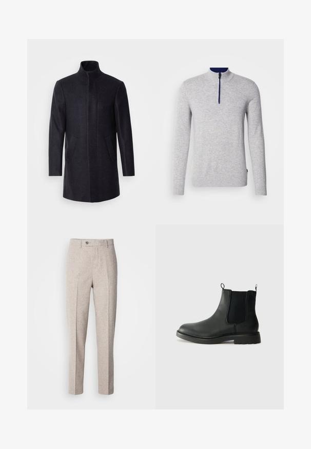Isaac Dewhirst NEW COMFORT FUNNEL NECK COAT - Abrigo corto - navy; Suéter de manga larga color gris claro con un alto cuello y cierre de media cremallera. Acentos en color azul marino en el cuello. Tejido suave y texturizado.; Pantalones de lana beige claro con una textura suave, corte recto, pliegues en la parte frontal y un cierre de botón único en la cinturilla.; Botas Chelsea de cuero negro con paneles laterales elásticos, lengüetas para tirar, puntera redondeada y suela de goma texturizada. Superficie lisa y diseño robusto.