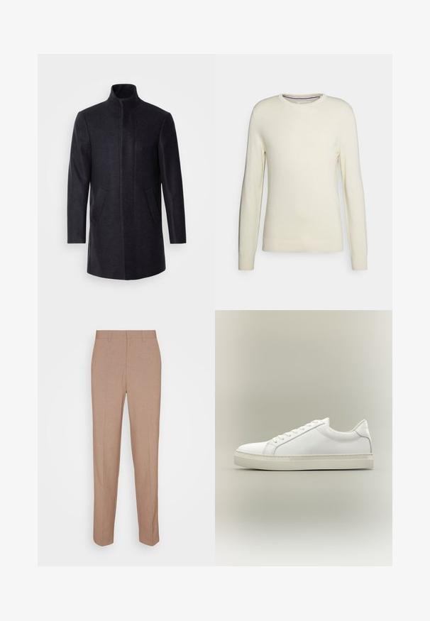 Isaac Dewhirst NEW COMFORT FUNNEL NECK COAT - Abrigo corto - navy; Suéter color crema de cuello redondo con mangas largas, puños y dobladillo acanalados. Hecho de una suave tela de punto sin patrones ni adornos.; Pantalones beige a medida en una tela lisa y con textura. Corte recto con cintura y sin adornos ni bolsillos visibles.; Zapatilla blanca de perfil bajo con cordones en la parte delantera y suela gruesa, mostrada de lado sobre un fondo neutro.