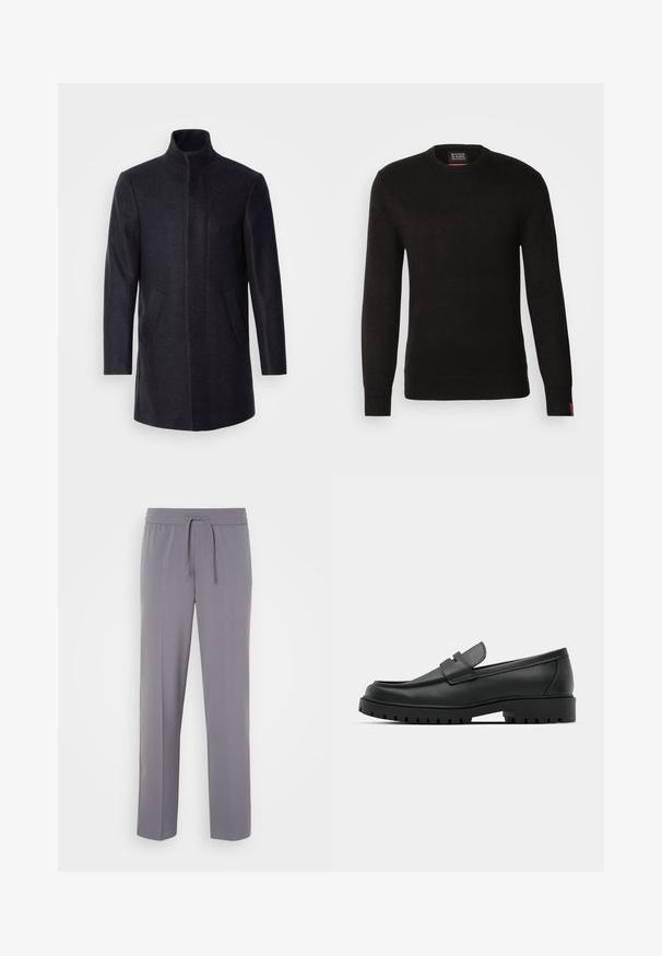 Isaac Dewhirst NEW COMFORT FUNNEL NECK COAT - Abrigo corto - navy; Scotch & Soda REGULAR FIT CREW NECK - Jersey de punto - meteorite; Pantalones grises, elásticos, con frente plano, cinturilla elástica y cordón, que presentan piernas rectas y una textura suave.; Mocasines de cuero negro con punta redonda, que cuentan con un diseño cosido, suela de plataforma baja y una suela de goma texturada y con tacos.