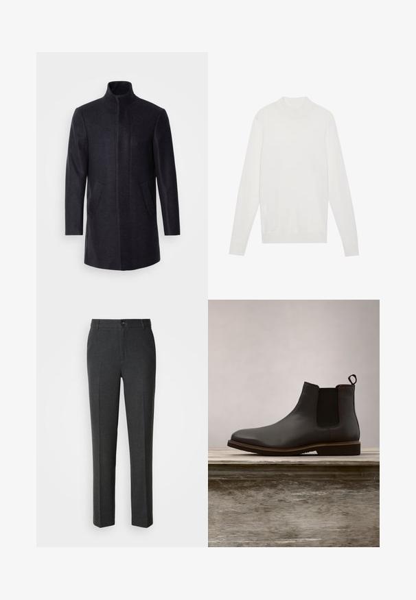 Isaac Dewhirst NEW COMFORT FUNNEL NECK COAT - Korte frakker - navy; Hvid pullover sweater med høj halsudskæring, lange ærmer og ribbede manchetter og kant. Fremstillet af et blødt strikket stof. Simpelt og tætsiddende design.; Skræddersyede mørkegrå bukser i et glat stof, med knaplukning, to forlommer og et lige ben-design.; Sorte læder Chelsea støvler med elastiske sidepaneler og rund tå, der har en tekstureret sål og diskrete syninger, hævet over en træoverflade.