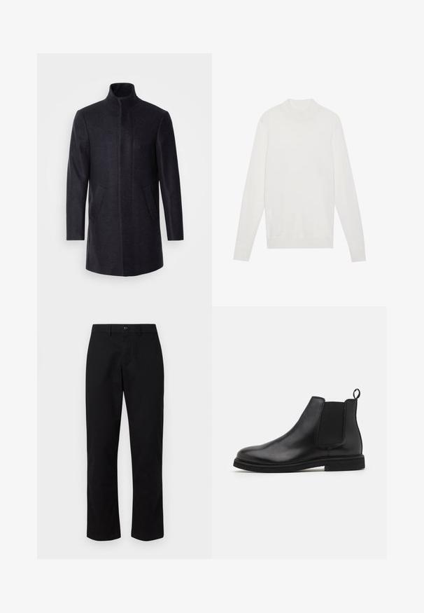 Isaac Dewhirst NEW COMFORT FUNNEL NECK COAT - Krátky kabát - navy; Biely pulóver s vysokým golierom, dlhými rukávmi a ribbenými manžetami a spodným lemom. Vyrobený z jemného pleteného materiálu. Jednoduchý a priliehavý dizajn.; GAP SLIM PERFORMANCE STRETCH - Nohavice chinos - true black; Čierne kožené Chelsea topánky s elastickými bočnými panelmi a ťahacou pútkom. Oválny špička a plochá gumová podrážka s hladkým povrchom.