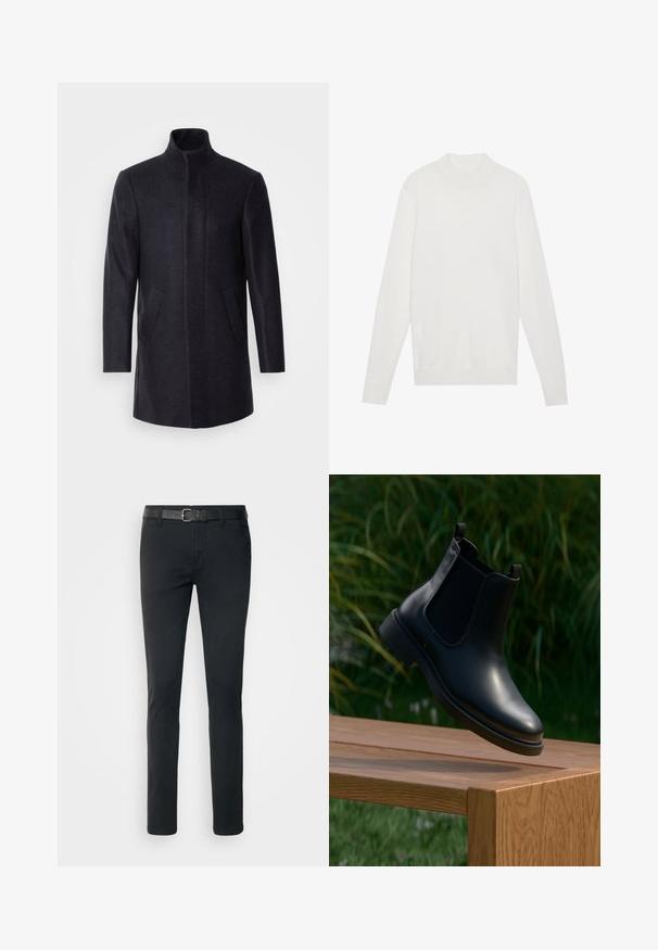 Isaac Dewhirst NEW COMFORT FUNNEL NECK COAT - Halflange jas - navy; Witte pullovertrui met een hoge halslijn, lange mouwen en geribbelde boorden en zoom. Gemaakt van een zachte gebreide stof. Eenvoudig en aansluitend ontwerp.; Zwarte chino's met een slim fit, voorzien van een gestructureerde zwarte riem en voorzakken, gemaakt van een lichtgewicht, duurzame katoenmix.; Zwarte leren enkelboot met elastische zijpanelen zwevend boven een houten bank, groene loof achtergrond.