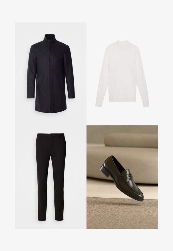 Isaac Dewhirst NEW COMFORT FUNNEL NECK COAT - Krátky kabát - navy; Biely pulóver s vysokým golierom, dlhými rukávmi a ribbenými manžetami a spodným lemom. Vyrobený z jemného pleteného materiálu. Jednoduchý a priliehavý dizajn.; Čierne nohavice s úzkym strihom, vybavené zapínaním na gombík a pútkami na opasok. Vyrobené z hladkej látky s jemným leskom, bez viditeľných vzorov.; Čierna kožená mokasína plávajúca nad béžovým kobercem s béžovou pohovkou v pozadí, predstavujúca klasický pánsky dizajn na nazúvanie.