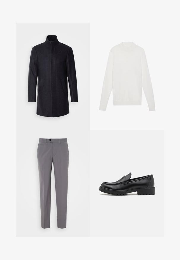 Isaac Dewhirst NEW COMFORT FUNNEL NECK COAT - Lühike jakk - navy; Valge kootud kampsun kõrge kaelusega, pikkade varrukatega ning ribakujuliste pitsidega ja äärega. Valmistatud pehmest kootud kangast. Lihtne ja keha ligihoidev disain.; Halljad kohandatud püksid, millel on sujuv tekstuur, sirge jala disain, ühe nööbi sulgemine ja eesmine taskud. Ei mingeid nähtavaid mustreid ega aktsente.; Mustad musta nahast loafers, ümmarguse toe, libisemisega disain ja paks kummist tald, millel on tekstureeritud haardepind. Tõstetud kand ja peened õmblusdetailid.