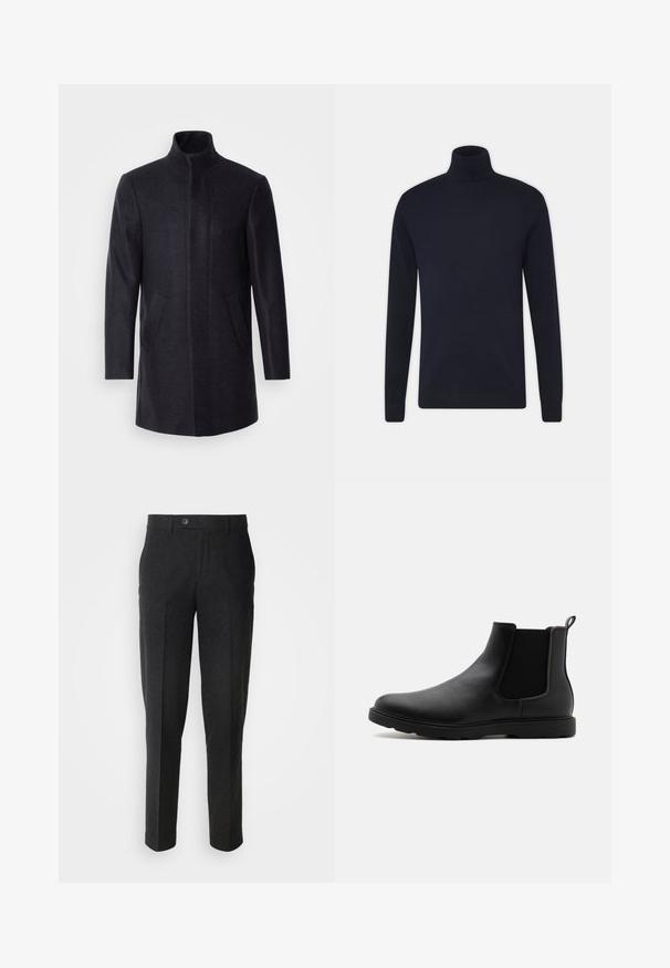 Isaac Dewhirst NEW COMFORT FUNNEL NECK COAT - Kurzmantel - navy; Marineblaues Rollkragensweatshirt aus glattem Strickmaterial, mit langen Ärmeln und enganliegendem Design. Keine zusätzlichen Muster oder Akzente.; Lindbergh Stoffhose - black melange; Schwarze Leder-Chelsea-Stiefel mit elastischen Seitenpaneelen, einem Zugband und einer robusten Gummisohle. Glatte Textur und elegantes Design.