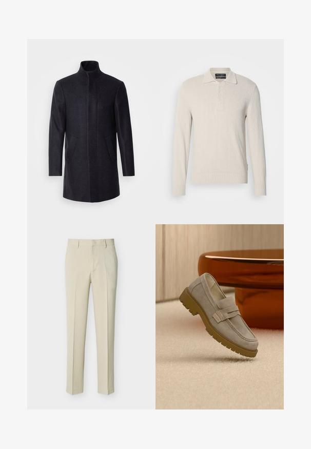 Isaac Dewhirst NEW COMFORT FUNNEL NECK COAT - Lühike jakk - navy; Kerge beež pikkade varrukatega polo-sviiter pehmest kudumist, millel on tekstureeritud viimistlus. Sellel on klassikaline krae ja kolme nupuga nööpplacket.; Beež värvusega sirge lõikega püksid, millel on vööaasad ja ees lukk, eksponeeritud ühevärvilisel heledal taustal.; Hele halli seemisnahast kingamokk, millel on jämeda pruuni kummist tald, asetatud beežile vaibale, ees uduse pruuni ümmarguse laua ees.