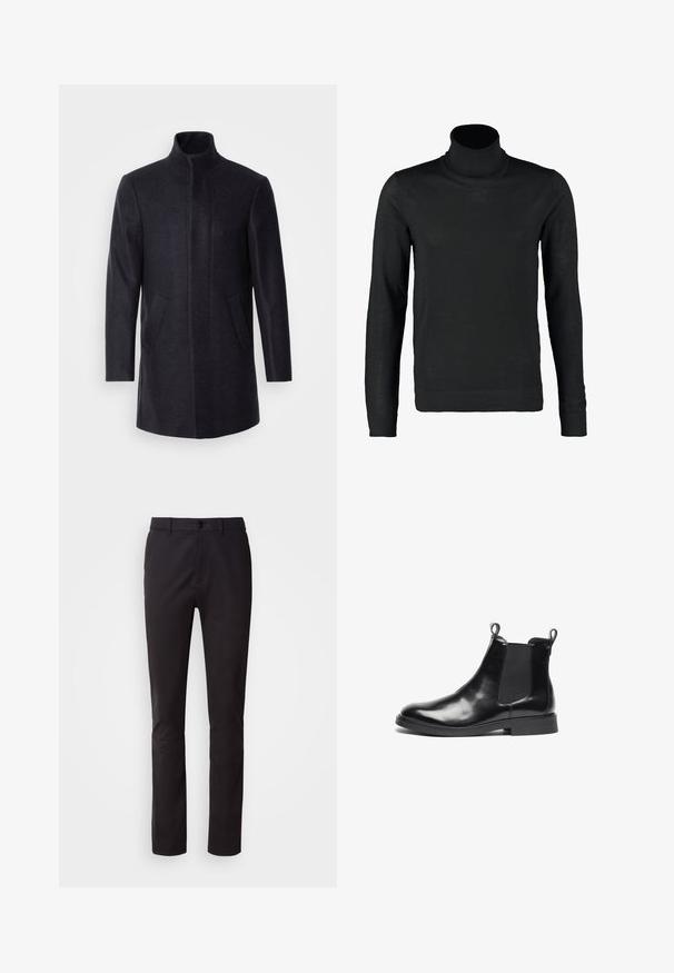 Isaac Dewhirst NEW COMFORT FUNNEL NECK COAT - Abrigo corto - navy; Lindbergh ROLL NECK - Jersey de punto - black; Pantalones negros de pierna recta con botón frontal, trabillas para cinturón y bolsillos laterales, mostrados sobre un fondo blanco.; Bota Chelsea de cuero negro pulido con paneles laterales elásticos, punta redonda, lengüetas en el tobillo y tacón bajo y plano sobre fondo blanco.