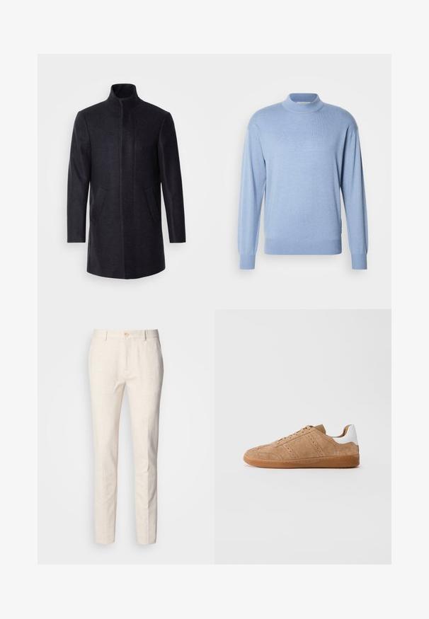 Isaac Dewhirst NEW COMFORT FUNNEL NECK COAT - Abrigo corto - navy; Scotch & Soda SEASONAL CORE DROPPED SHOULDER MOCK NECK - Jersey de punto - faded denim; Pantalones ajustados de color beige claro, confeccionados en una tela suave. Cuentan con cierre de botón, pasadores para cinturón y un diseño de pierna recta y estrecha con textura mínima.; Zapatillas de ante marrón claro con suela de goma, cordones, detalles perforados, marca "JOOP!" y contrafuerte blanco en un fondo blanco liso.