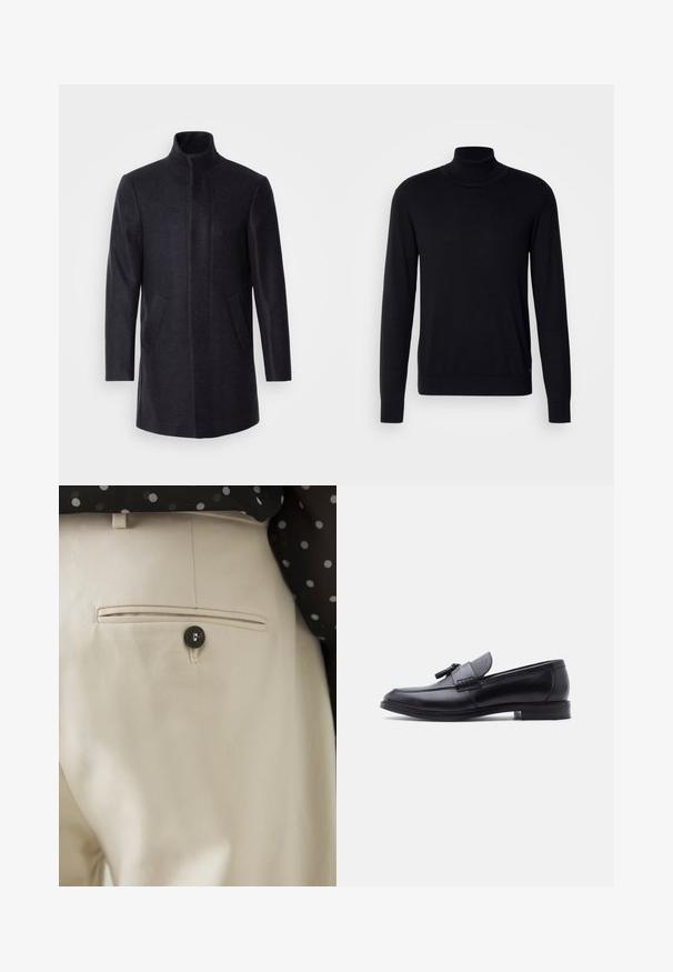 Isaac Dewhirst NEW COMFORT FUNNEL NECK COAT - Lühike jakk - navy; Must kardigan pehmest kangast. Omab pikki varrukaid, soonikkoelust ja -ääriseid, sile tekstuur ning pole mingeid mustreid.; Beežid püksid tekstuurse kangaga, tagataskuga, mis on kinnitatud musta nupukesega. Tasku ääres on peened õmblused.; Mustast nahast mokassiin, millel on tekstuuriga hall kangaspaneel ja tutitdetail, madal konts ning ümar nina, nähtud külgvaates valgel taustal.