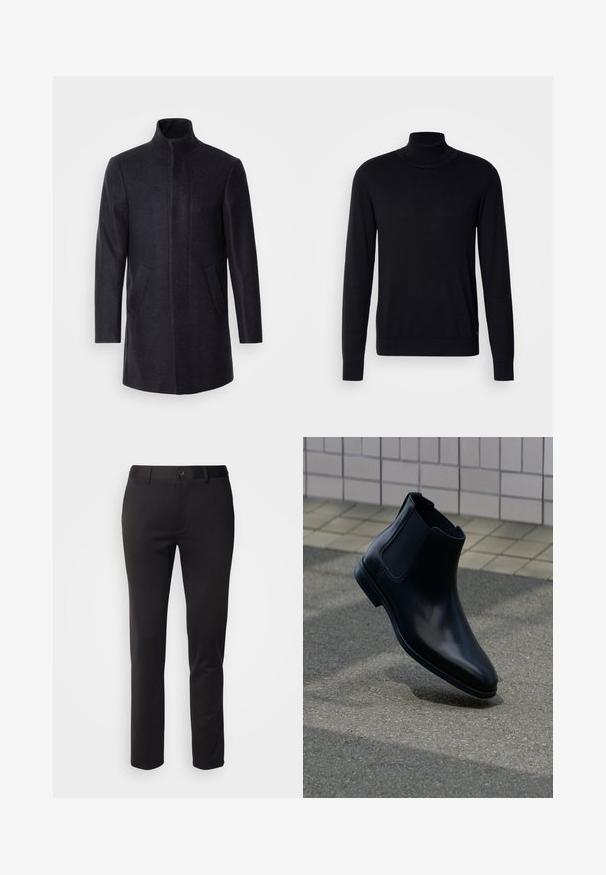 Isaac Dewhirst NEW COMFORT FUNNEL NECK COAT - Korte frakker - navy; Sort tregnet trøje lavet af blødt stof. Har lange ærmer, ribbestrikket krave og manchetter, samt en glat overflade uden mønstre.; Sorte bukser i glat stof, med lige ben, frontlukning med knap og bæltestropper, vist på en hvid baggrund.; Sort læder Chelsea-støvle med elastiske sidespaneler vist over gråt fortov og fliset vægbaggrund.