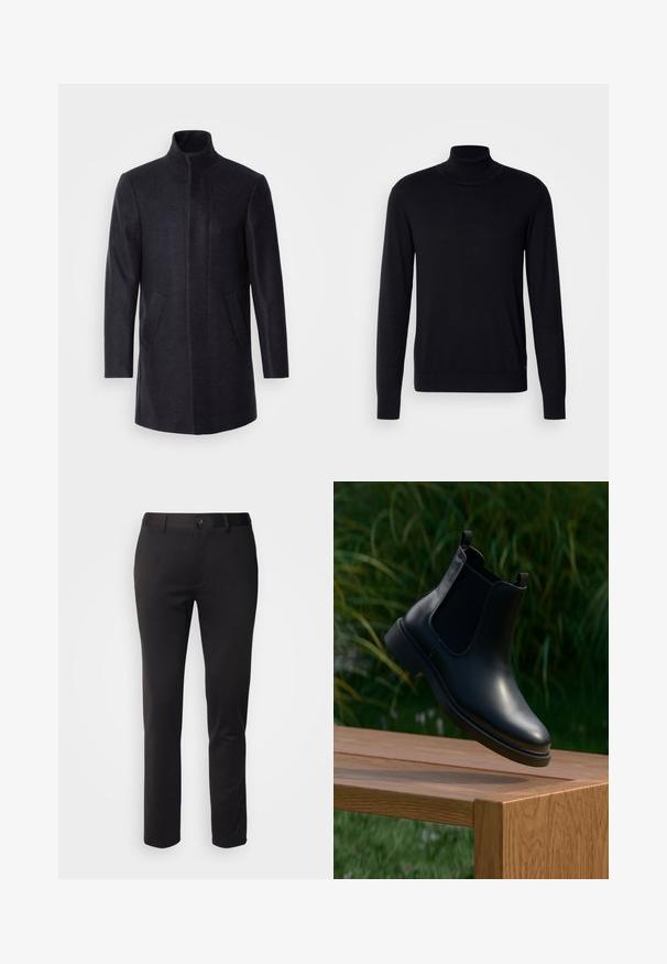 Isaac Dewhirst NEW COMFORT FUNNEL NECK COAT - Kurzmantel - navy; Schwarzer Rollkragenpullover aus weichem Stoff. Mit langen Ärmeln, geripptem Kragen und Bündchen, hat eine glatte Textur und keine Muster.; Schwarze Hose aus glattem Stoff mit geradem Bein, Frontknopfverschluss und Gürtelschlaufen, auf einem weißen Hintergrund dargestellt.; Schwarze Leder-Stiefelette mit elastischen Seitenpaneelen, schwebend über einer hölzernen Bank, mit grünem Laub im Hintergrund.