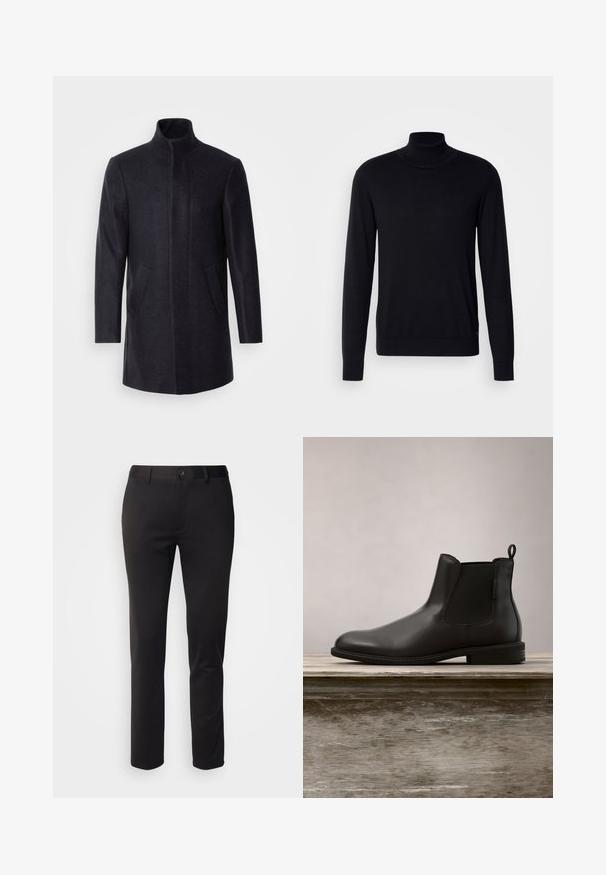 Isaac Dewhirst NEW COMFORT FUNNEL NECK COAT - Kurzmantel - navy; Schwarzer Rollkragenpullover aus weichem Stoff. Mit langen Ärmeln, geripptem Kragen und Bündchen, hat eine glatte Textur und keine Muster.; Schwarze Hose aus glattem Stoff mit geradem Bein, Frontknopfverschluss und Gürtelschlaufen, auf einem weißen Hintergrund dargestellt.; Schwarze Leder-Stiefelette mit glatter Textur, gerundetem Zehenbereich, elastischen seitlichen Einsätzen und einer Zuglasche, auf einer Holzoberfläche platziert.