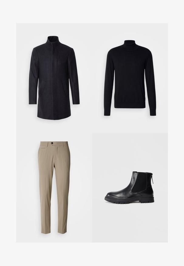Isaac Dewhirst NEW COMFORT FUNNEL NECK COAT - Kurzmantel - navy; Schwarzer Rollkragenpullover aus weichem Stoff. Mit langen Ärmeln, geripptem Kragen und Bündchen, hat eine glatte Textur und keine Muster.; Beige maßgeschneiderte Hose mit flacher Vorderseite, Seitentaschen, Gürtelschlaufen und einem einzelnen schwarzen Knopfverschluss. Glatte Stofftextur.; Schwarze Leder-Ankle-Boots mit einer glatten Oberfläche, elastischen Mesh-Seitenteilen und einer robusten Sohle mit sichtbarem Profil.