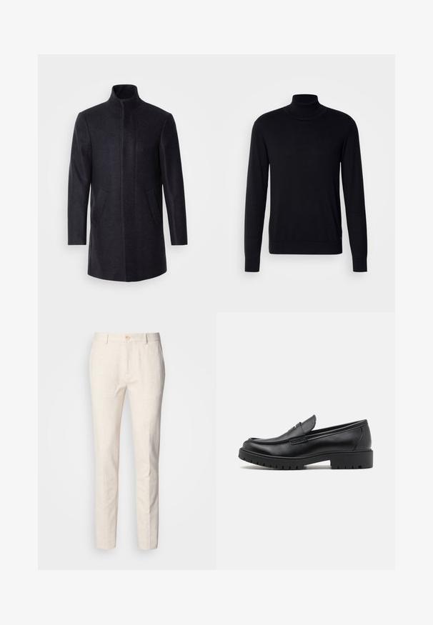 Isaac Dewhirst NEW COMFORT FUNNEL NECK COAT - Krátky kabát - navy; Čierny rolák vyrobený z mäkkej látky. Má dlhé rukávy, rebrovaný golier a manžety, hladký povrch a žiadne vzory.; Svetlo béžové, strihané nohavice vyrobené z mäkkej tkaniny. Obsahujú zapínanie na gombík, pútka na opasok a štíhly, priamy strih s minimálnou štruktúrou.; Čierne kožené mokasíny s okrúhlou špičkou, s designom na obúvanie a hrubou gumovou podrážkou s textúrovanou protišmykovou úpravou. Vyvýšený opatok a jemné prešívanie.