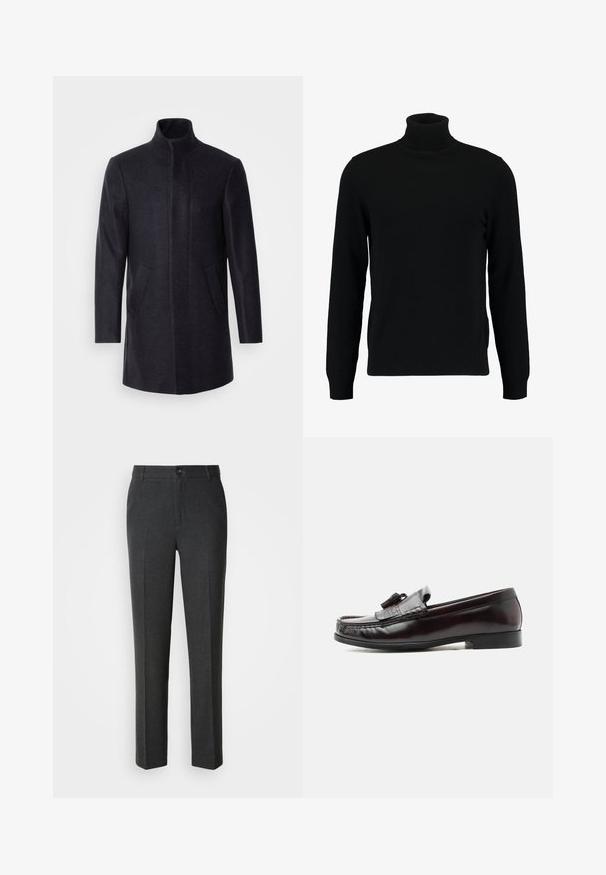 Isaac Dewhirst NEW COMFORT FUNNEL NECK COAT - Krátky kabát - navy; Čierny rolák vyrobený z mäkkého pleteného materiálu. Má dlhé rukávy, rebrovaný golier a lem. Jednoduchý, elegantný dizajn bez vzorov.; Sukne tmavosivá farba, vyrobené z hladkého materiálu, so zapínaním na gombík, dvoma prednými vreckami a rovnými nohavicami.; Tmavohnedá kožená mokasína s strapcami, nízkym podpätkom a prešívanými detailmi na vrchu, zobrazená z boku na bielom pozadí.
