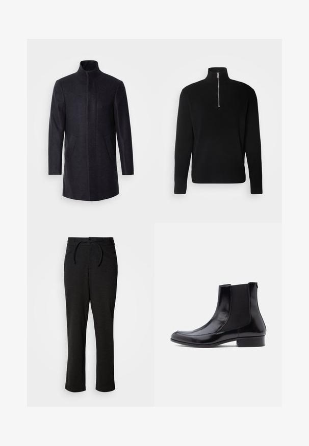 Isaac Dewhirst NEW COMFORT FUNNEL NECK COAT - Korte frakker - navy; Lindbergh HALF ZIP RIB KNIT - Striktrøje - black; Sorte strikbukser med snoreliv, lige ben og sidelommer. Blød tekstur med en glat overflade.; Sorte læderankelstøvler med elastiske sidepaneler, en glat tekstur, rundet tå og lav blokhæle. Enkel, strømlinet design med minimal syning.