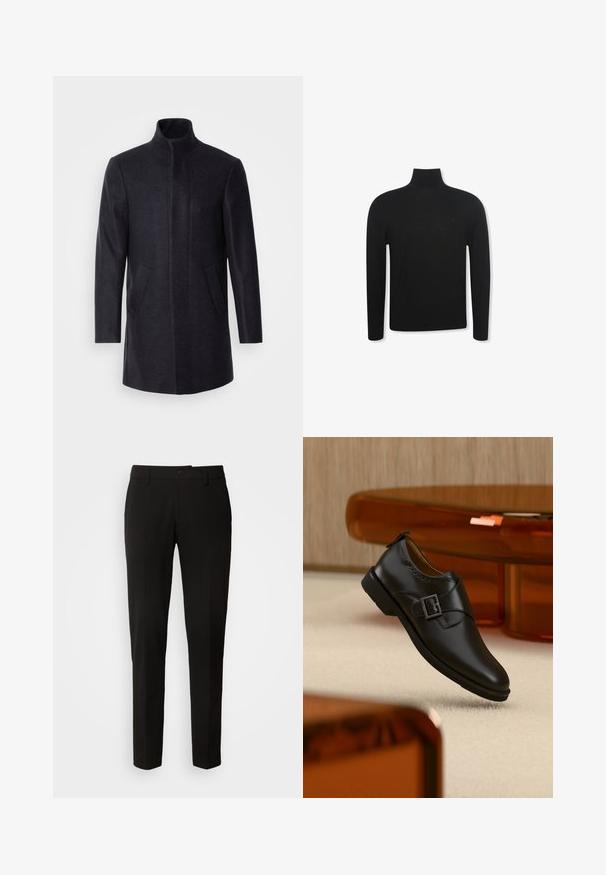 Isaac Dewhirst NEW COMFORT FUNNEL NECK COAT - Abrigo corto - navy; Jersey negro de cuello alto y manga larga con un ajuste entallado y un logo sutil en la zona izquierda del pecho, mostrado sobre fondo blanco.; Pantalones negros con un diseño de pierna recta, con cierre de botón, trabillas para cinturón y una textura de tela suave. Sin patrones ni acentos visibles.; Zapato monk de cuero negro con hebilla plateada, flotando sobre una alfombra beige con muebles translúcidos marrones al fondo.