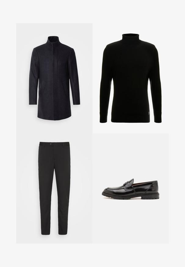 Isaac Dewhirst NEW COMFORT FUNNEL NECK COAT - Kurzmantel - navy; Schwarzer Rollkragenpullover mit langen Ärmeln, gerippter Textur, figurbetonter Silhouette und kleinem Markenschild unten links.; Schwarze, maßgeschneiderte Hose mit geradem Bein, vorderen Taschen und Knopfverschluss. Aus glattem Stoff mit leichtem Glanz gefertigt.; ALDO ALERIS - Slipper - black