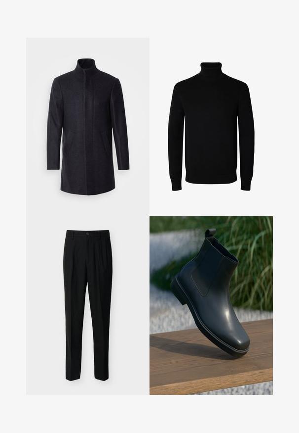 Isaac Dewhirst NEW COMFORT FUNNEL NECK COAT - Korte frakker - navy; Sort langærmet rullekrave sweater med rib manchetter og kant, vist på en ensartet hvid baggrund.; Sorte, skræddersyede bukser med høj talje, bæltestropper, forreste læg, sidelommer samt knap- og lynlåslukning.; Sort læder ankelstøvle med en glat overflade, elastiske sider og et løkkeagtigt trækstrop, der hviler på en træoverflade mod en sløret baggrund.