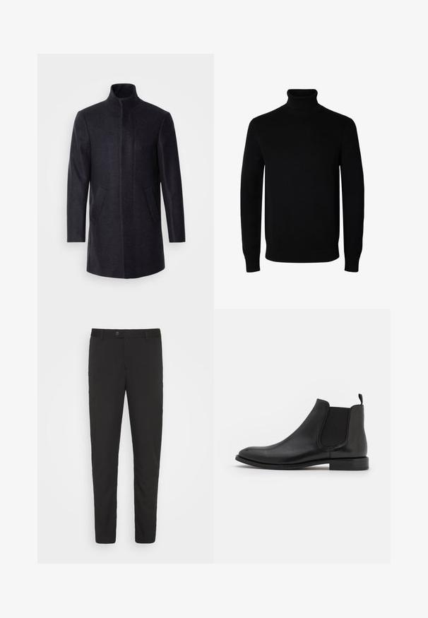 Isaac Dewhirst NEW COMFORT FUNNEL NECK COAT - Kurzmantel - navy; Schwarzer Langarm-Rollkragenpullover mit gerippten Bündchen und Saum, auf einem schlichten weißen Hintergrund dargestellt.; Schwarze, maßgeschneiderte Hose mit geradem Bein, vorderen Taschen und Knopfverschluss. Aus glattem Stoff mit leichtem Glanz gefertigt.; Schwarze Leder-Chelsea-Stiefel mit elastischen seitlichen Riemen, einer abgerundeten Kappe und einem niedrigen Absatz. Glatte Textur mit minimalistischer Gestaltung.