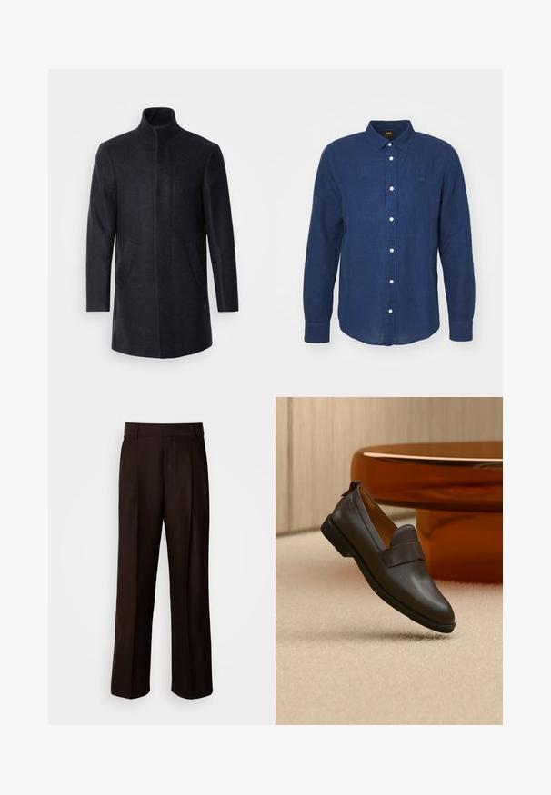 Isaac Dewhirst NEW COMFORT FUNNEL NECK COAT - Kurzmantel - navy; Dunkelblaues Langarmhemd mit Button-Down-Kragen, weißen Knöpfen und dezentem gesticktem Logo auf der Brust. Weiches Material, gerade Schnittform.; Braune maßgeschneiderte Hose mit geradem Bein, versehen mit einer vorderen Falte, glatter Textur und klassischem Bund. Geeignet für formelle Anlässe.; Dunkelbrauner Lederloafer mit niedrigem Absatz, der über einem beigen Teppich schwebt, neben einem glänzenden, abgerundeten, bernsteinfarbenen Tisch.
