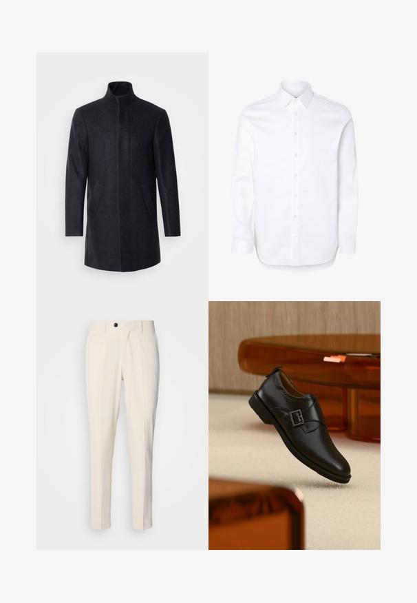 Isaac Dewhirst NEW COMFORT FUNNEL NECK COAT - Pitkä takki - navy; Valkoinen pitkähihainen nappipaita, jossa klassinen kaulus ja napilliset hihansuut.; Vaaleat tailored-housut, joissa on tasainen etuosa, yksittäinen nappilukko ja kaksi vinonurkkaista sivutaskua. Liukas kangas, slim fit -malleilla ja kapenevilla lahkeilla.; Musta nahkainen monk strap -kenkä hopeisella soljella, leijumassa vaaleanbeigen maton yllä, taustalla ruskeita läpikuultavia huonekaluja.