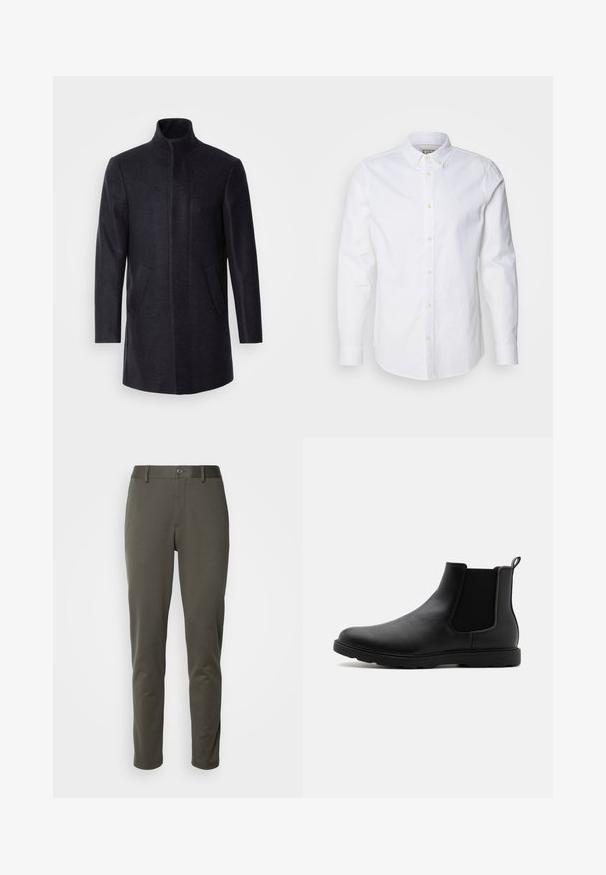 Isaac Dewhirst NEW COMFORT FUNNEL NECK COAT - Korte frakker - navy; Hvid langærmet skjorte med knapper lavet af bomuld, med en struktureret krave, diskret logo-broderi og lysebrune knapper.; Olivenfarvede bukser lavet af strækbart stof, med en knaplukket talje, slim fit og lige ben uden mønstre eller fremtrædende hardware.; Sorte læder Chelsea støvle med elastiske sidepaneler, en trækflap og en holdbar gummisål. Glat tekstur og strømlinet design.