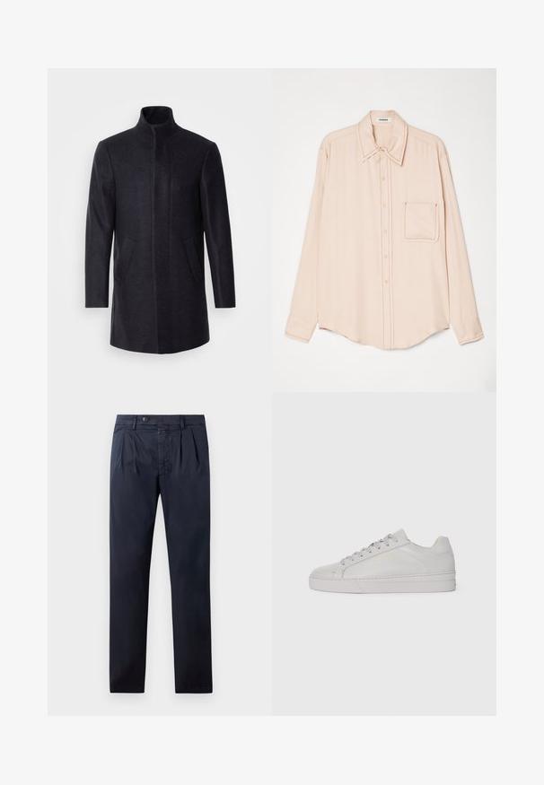 Isaac Dewhirst NEW COMFORT FUNNEL NECK COAT - Abrigo corto - navy; Camisa de manga larga rosa claro en tejido suave con collar de punta, botones frontales y un solo bolsillo en el pecho con costuras en contraste.; Chinos en navy con una textura suave, con cierre de botón y pliegues frontales. Diseño de pierna recta, sin patrones ni acentos visibles.; Zapatilla de cuero gris claro con una textura suave, punta redondeada, suela de goma plana y cordones tonales. Presenta una marca mínima en dorado.