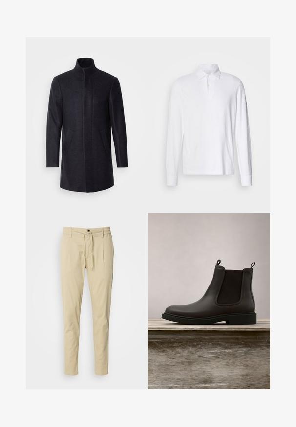 Isaac Dewhirst NEW COMFORT FUNNEL NECK COAT - Korte frakker - navy; Hvid langærmet polo shirt med krave og to knapper, vist på en lys grå baggrund.; Beige, slim-fit bukser lavet af en bomuldsblanding. Elastisk talje med snøre, to frontfold og lige ben.; Sort læder Chelsea-støvle med elastiske sidepaneler og stropper svævende over en træbænk udendørs med græs som baggrund.