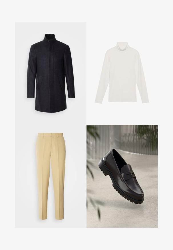 Isaac Dewhirst NEW COMFORT FUNNEL NECK COAT - Kurzmantel - navy; Langarm-Turtleneck-Oberteil in Weiß. Weicher, dehnbarer Stoff mit einer engen Passform. Verfügt über einen hohen Kragen und minimale Nahttäuschungen.; Beige maßgeschneiderte Hose mit geradem Schnitt, flachem Frontteil und seitlichen Taschen. Hergestellt aus einem glatten Stoff mit leichtem Glanz.; Braune Leder-Loafers mit einer strukturierten, geriffelten Gummisohle. Sie zeichnen sich durch ein schlankes Design und einen dekorativen Riemen über dem Spann aus.