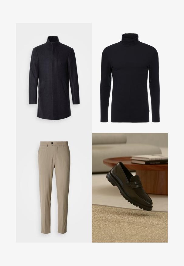 Isaac Dewhirst NEW COMFORT FUNNEL NECK COAT - Lühike jakk - navy; Must have mustakate pikkade varrukatega turtleneck särk, mis on valmistatud pehmest ja venivast kangast. Omab pitsitud disaini ja sujuvat tekstuuri. Pole nähtavaid mustreid ega aktsente.; Beežid kohandatud püksid lame eesosaga, küljetaskute, vööaasade ja ühe musta nupuga kinnitusega. Sile kangapind.; Must nahast loafer paksu mustriga tald, hõljumas tekstuurse beežika vaiba kohal, puidust ümmargune kohvilaud ja taustal virnastatud raamatud.
