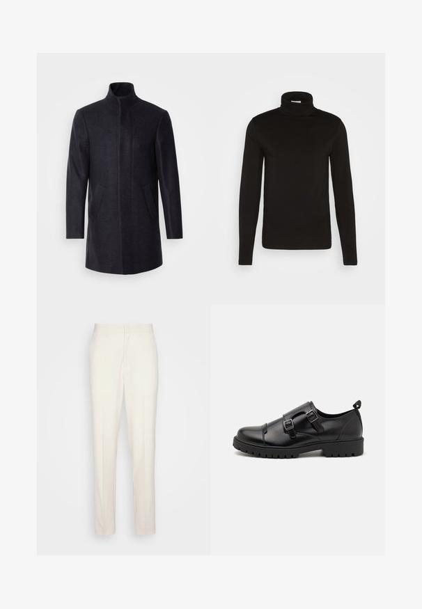 Isaac Dewhirst NEW COMFORT FUNNEL NECK COAT - Halflange jas - navy; Zwarte coltrui met lange mouwen, gemaakt van een gladde stof met een aansluitend ontwerp en een hoge, strakke kraag. Geen patronen of accenten zichtbaar.; Crème-kleurige op maat gemaakte broeken met een rechte snit, gemaakt van textuurstof. Voorzien van riemlussen en een ritssluiting aan de voorkant.; Pier One by Zalando Zakelijke loafers - black